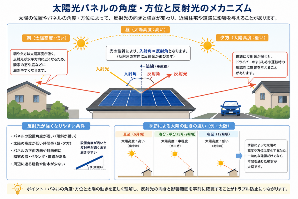 太陽光パネルの角度・方位と太陽高度の違いによって反射光の向きが変わり、近隣住宅や道路へ影響する仕組みを示した図解