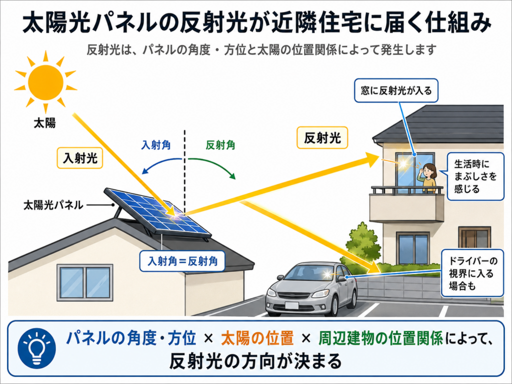 太陽光パネルの角度・方位と太陽の位置によって反射光が近隣住宅や道路に届く仕組みを示した図解