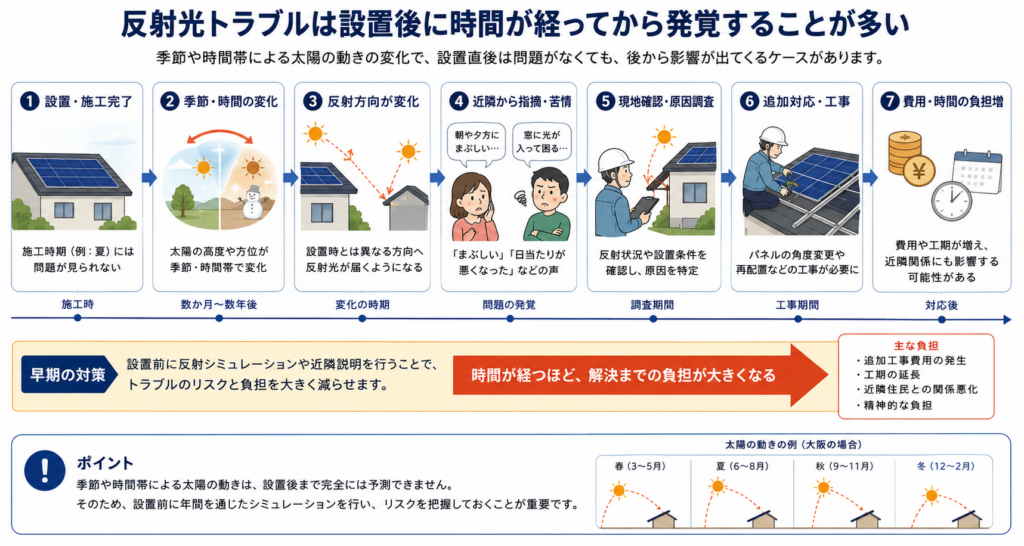 太陽光発電の反射光トラブルが、設置後の季節変化によって発覚し、近隣からの苦情や現地調査、追加工事、費用・時間の負担増につながる流れを示した図解