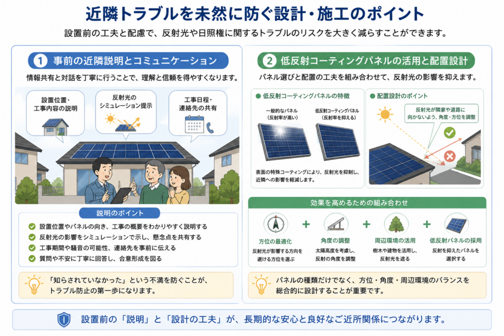 太陽光発電の近隣トラブルを防ぐため、事前の近隣説明と低反射パネル・方位・角度・周辺環境を組み合わせた設計対策を示した図解