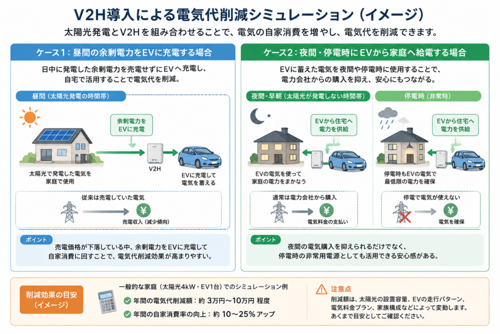 V2H導入による電気代削減の仕組みを示す図解。昼間は太陽光発電の余剰電力をEVに充電し、夜間や停電時にはEVから住宅へ給電することで、電力会社から購入する電力量を抑える流れを紹介している。